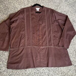 ULLA POPKIN Boho Bohemian Brown cotton blouse. Button front pleated detail SZ 24